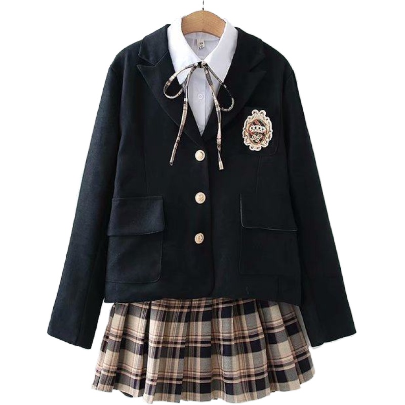 한국 프레피 스타일 유니폼 정장 재킷 + 셔츠 + 격자 무늬 플리츠 스커트 캐주얼 3 피스 세트, 소녀 3 피스/세트 2011772